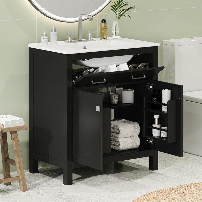 Meuble-lavabo de 76 cm avec lavabo en céramique, armoire noire moderne, 2 portes et étagère en forme de U pour un rangement optimal, espace optimisé