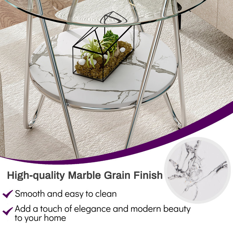 Table d'appoint ronde, table de bout en verre avec tablettes de rangement, Chrome