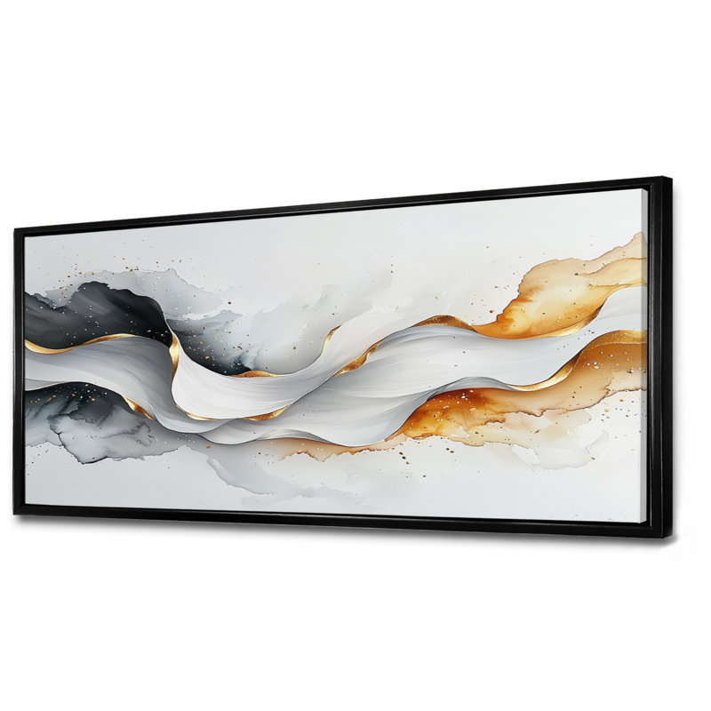 Vagues modernes blanches et dorées d'introspection - Modern Waves, art mural abstrait pour le salon, Noir, H 28 po x l 60 po