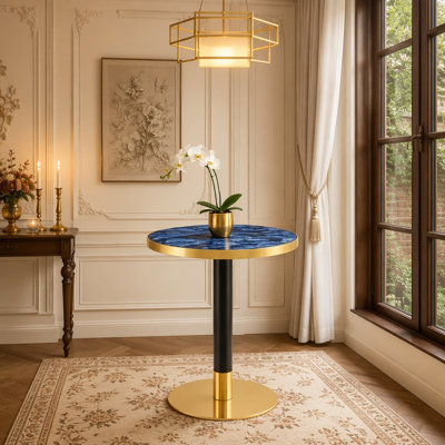 Panneau de fibres à densité moyenne rond de 23,6 po recouvert d'un comptoir de peinture UV, texture marbre, bordure en acier inoxydable, pieds de table en métal, table basse moderne et luxueuse.