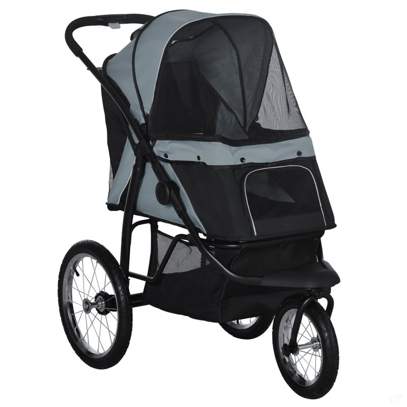 Poussette pour chat Pawhut pour petits et moyens chiens, poussette pliable pour chat 3 grandes roues avec auvent réglable, sangle de sécurité, panier de rangement, bleu