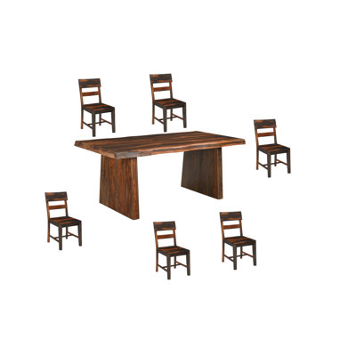 Seven Piece Brown Solid Wood Dining Set with Six Chairs and One Bench
