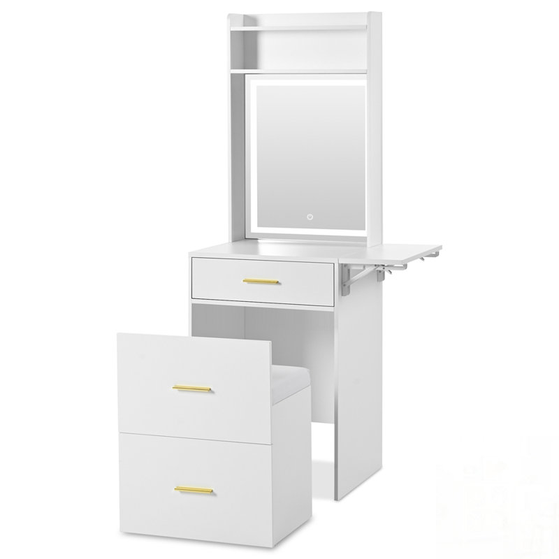 Petit bureau de meuble-lavabo compact avec miroir réglable, éclairage à DEL et station de charge pour les chambres modernes