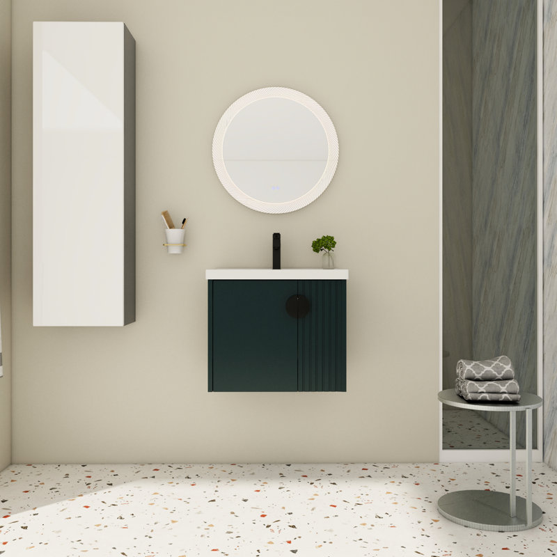 Meuble-lavabo de 24 po avec lavabo en céramique, fixation murale pour les petites salles de bain, porte à fermeture en douceur et lavabo à poignées en métal terne, attrayant à fermeture en douceur