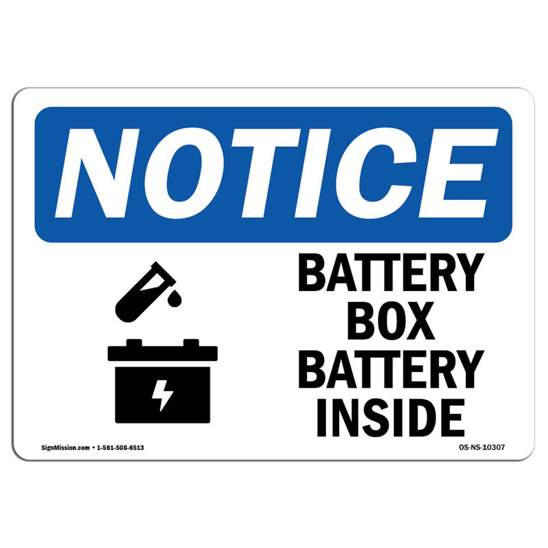 Battery Box Battery Inside Sign, 12" H x 18" W x 0.1" D