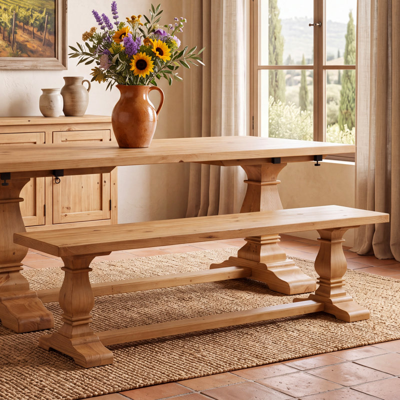 Solid Wood Bench With Double Trestle