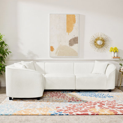 Curved Beige Bouclé Sectional Sofa: Plush 4-Seater L-Shape Sculptural Design for Modern Luxury Living