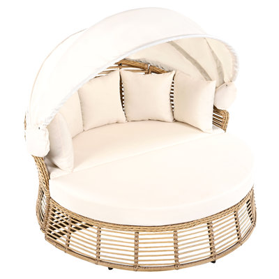 Outdoor Patio Rattan Round Daybed With Retractable Canopy, Wicker Furniture Round Poode Sofa Sunbed With Removable Cushions, Backyard, Porch, Beige