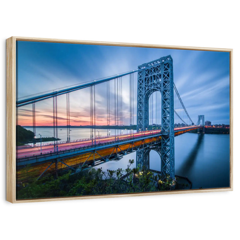 Pont George Washington à l'aube, 46 po x 31 po, Cadre flottant en bois naturel