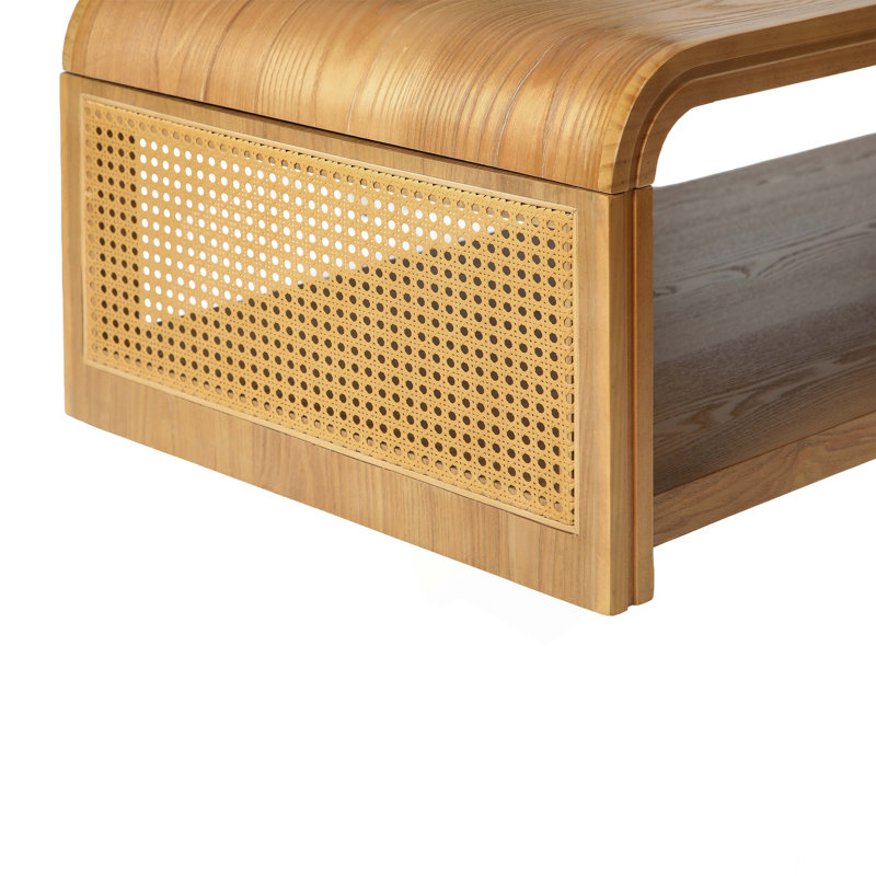 Table basse incurvée rectangulaire avec côtés en rotin, table centrale de rangement en bois à 2 niveaux, table basse Boho Farmhouse, convient pour le salon, l’appartement, la décoration intérieure