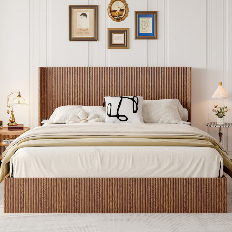 King Size Bed Frame In Walnut Color, Made Of Composite And Iron, Easy Assembly, Ample Storage Under Pine With Natural Wood Texture, Large Grooved Undulating Lift Storage, Stainless Steel Connection