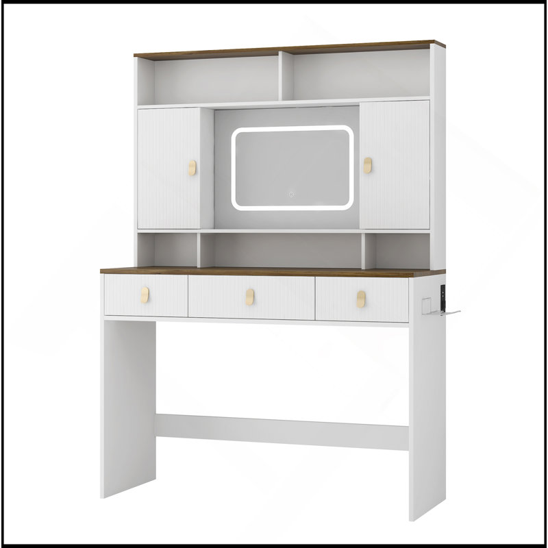 Table de maquillage Farmhouse, coiffeuse de 43 po de largeur avec miroir éclairé et tiroir de maquillage, grande coiffeuse moderne avec porte-séchoir pour chambre à coucher, blanc