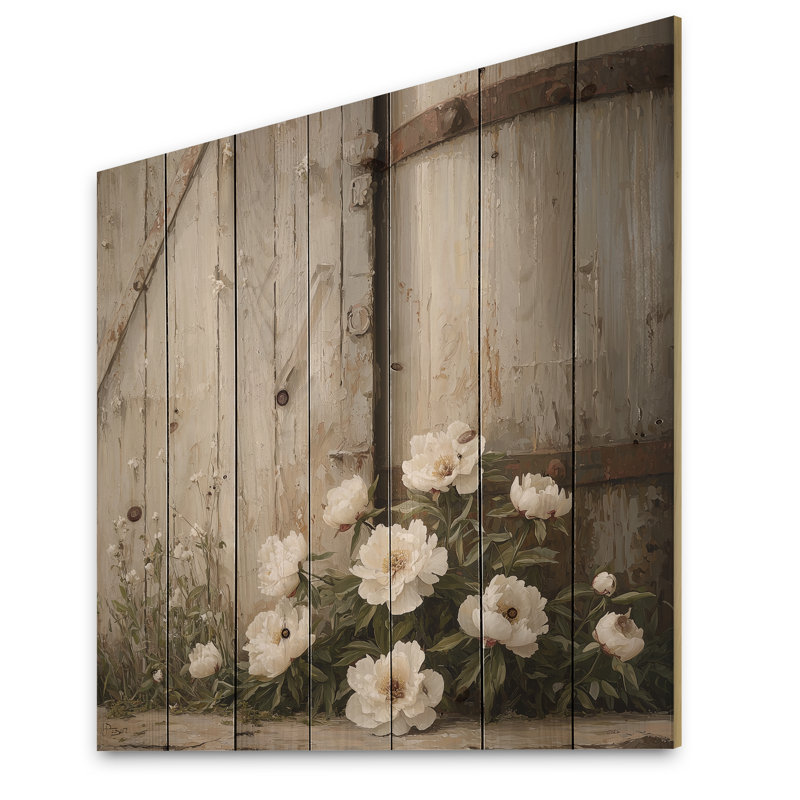 Peonies Along The Grain Bin II - Peonies Wood Print - On Natural Pine Wood, 25" H x 25" W x 0.78" D