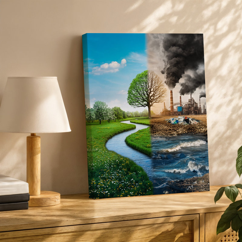 Toile, illustration éclatante d'une scène divisée représentant des environnements contrastés sur le mur, H 12 po x l 9 po