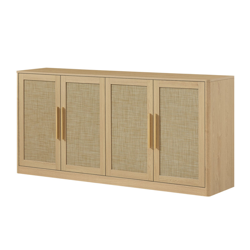 Buffet/meuble de rangement bohème en rotin de 170 cm (67 po) avec 4 portes tressées, étagères intérieures et coins arrondis, chêne