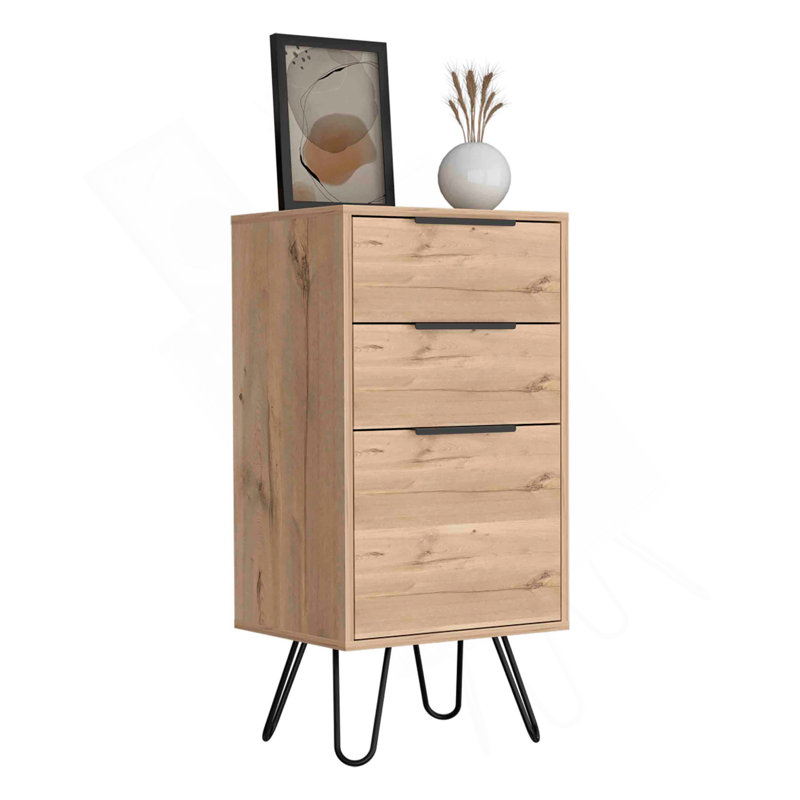 Commode légère H 35 po, l 17 po, plateau supérieur, trois tiroirs, pieds en épingle à cheveux, chêne clair, Beige