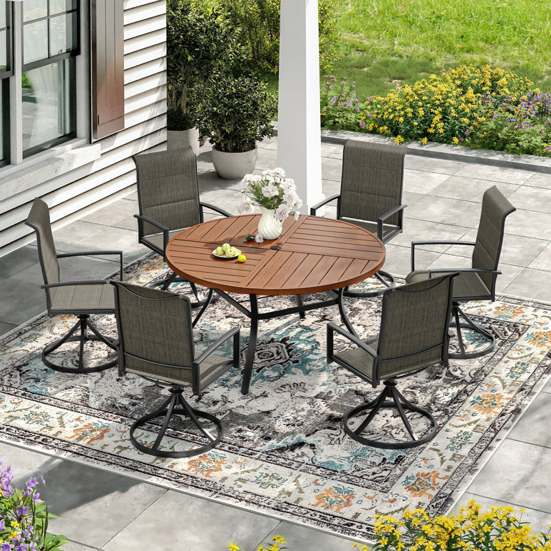 6-Person Outdoor Round Dining Set With Padded Swivel Chair, Noyer/brun