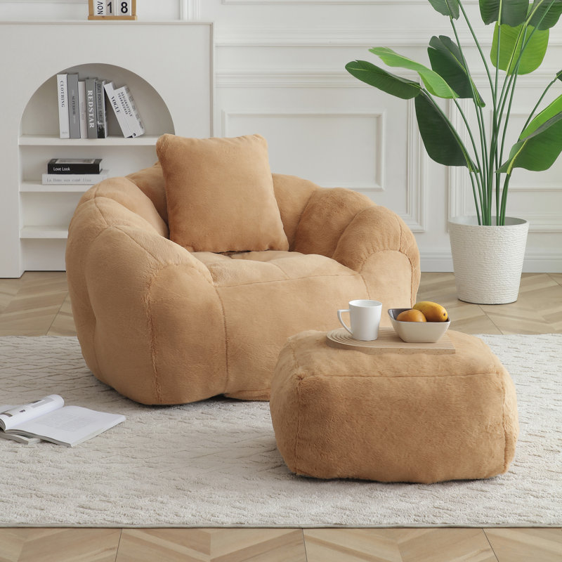 Fauteuil à billes en forme de coquillage géant avec tabouret à la mode, Fausse fourrure kaki