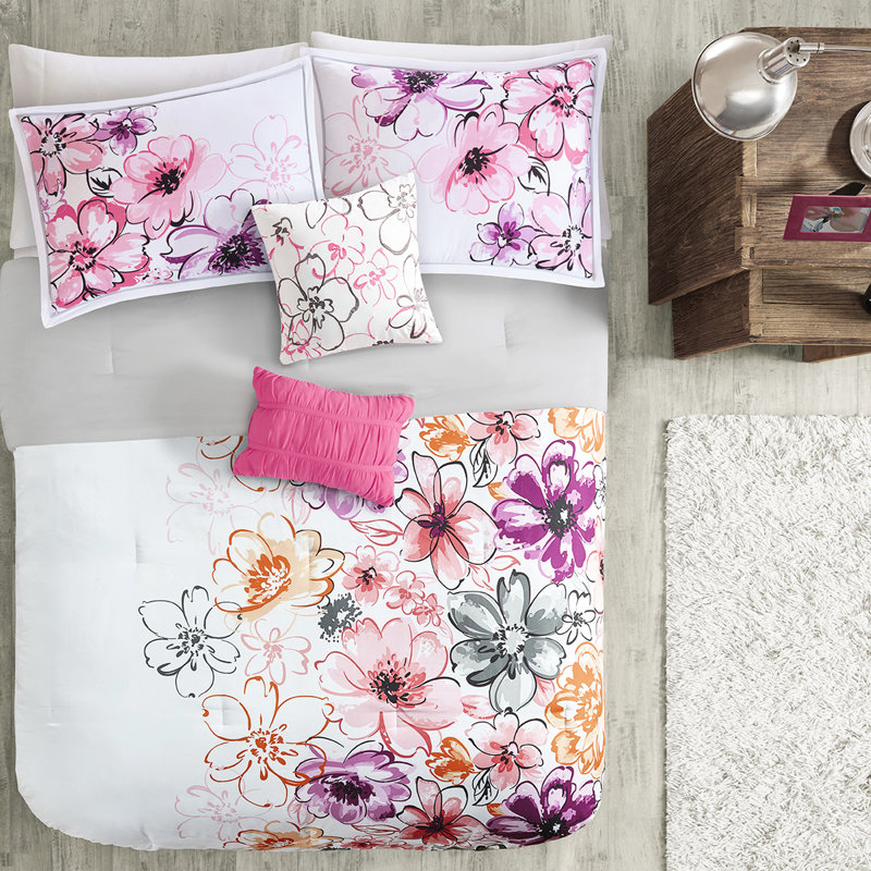 Édredon rose simple / simple TG, oreillers décoratifs à imprimé floral et literie asymétrique