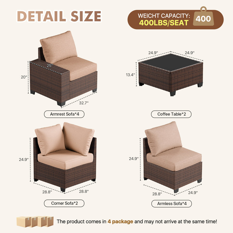 Ensemble de conversation d'extérieur en rotin pour 10 personnes avec coussins, Beige