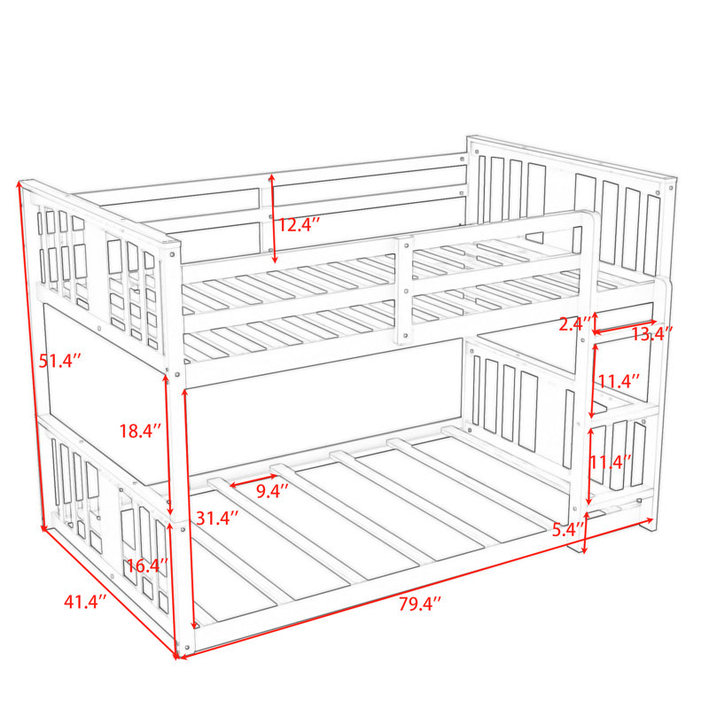 Bainet Twin Over Twin Wooden Bunk Bed With Ladder, White, Gray