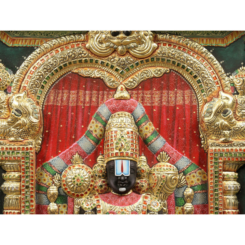 Tirupati Balaji (Venkateshvara) | Peinture de Tanjore | Avec cadre en bois de teck rétro