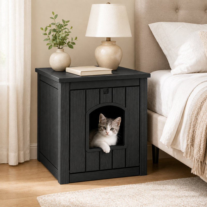 Cat Litter Box Enclosure With Flip-Down Front Door, Hidden Cat Box Cabinet & Side Table, Weatherproof Resin Cat House, Black