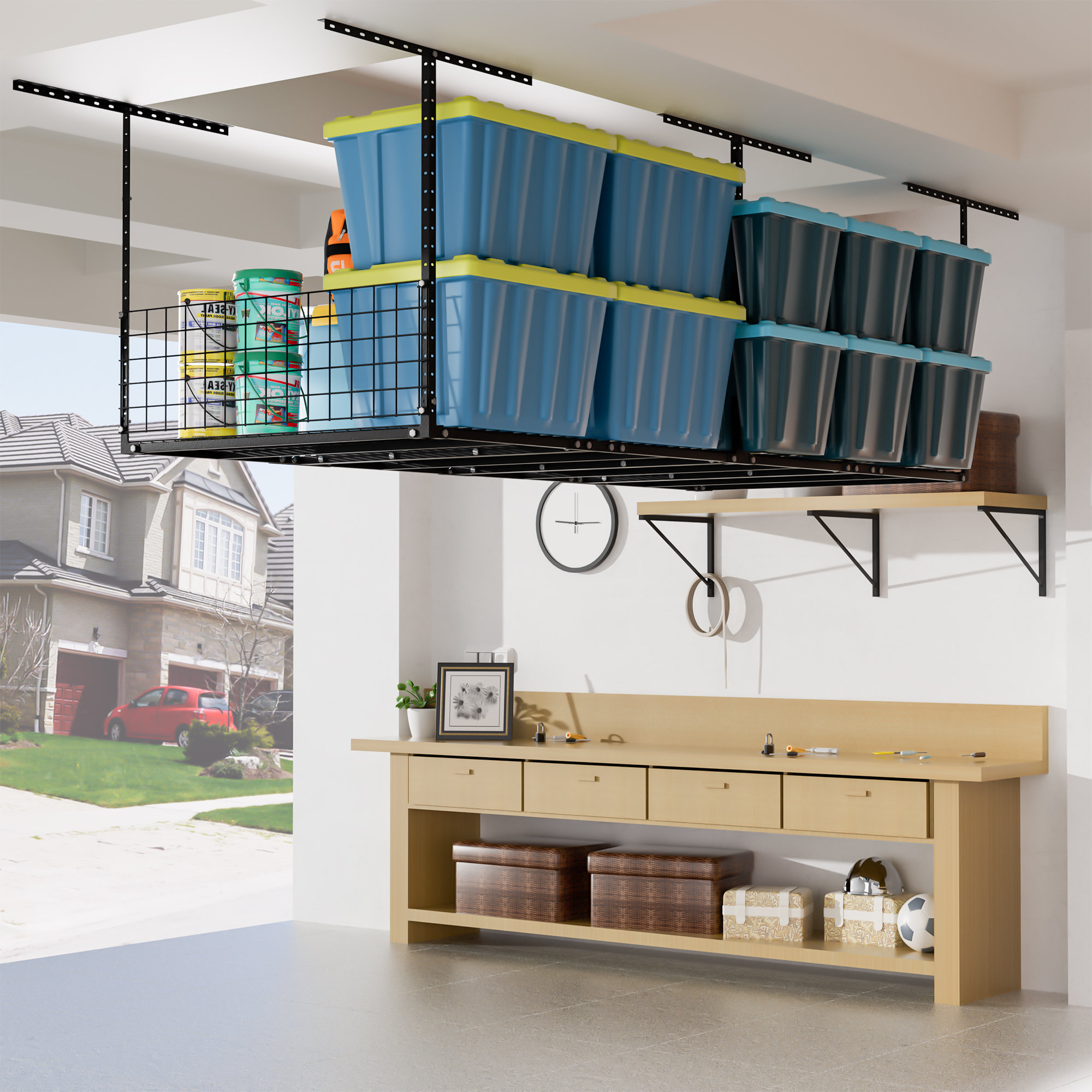 Latitude Run® 3 X 8Ft Overhead Garage Storage Rack, Adjustable Ceiling ...