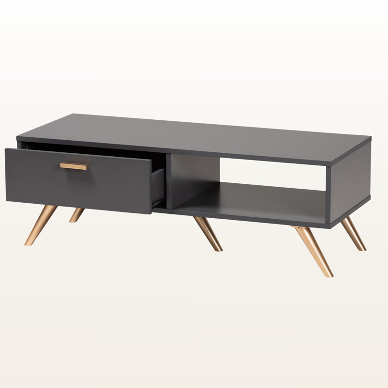 Table basse à 1 tiroir et 1 tablette grise avec détails dorés Vale, H 13,54 po x P 15,53 po x l 39,29 po Vale