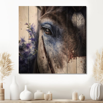 «Brown Portrait Donkey With Flowers II» - impression d'art mural en bois d'âne