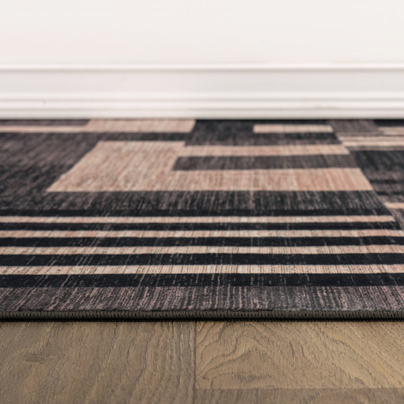 Tapis noir antidérapant à motif de blocs de couleur lavable à la machine, 2 pi x 6 pi