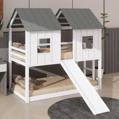 House-Style Twin-Over-Twin Bunk Bed With Slide