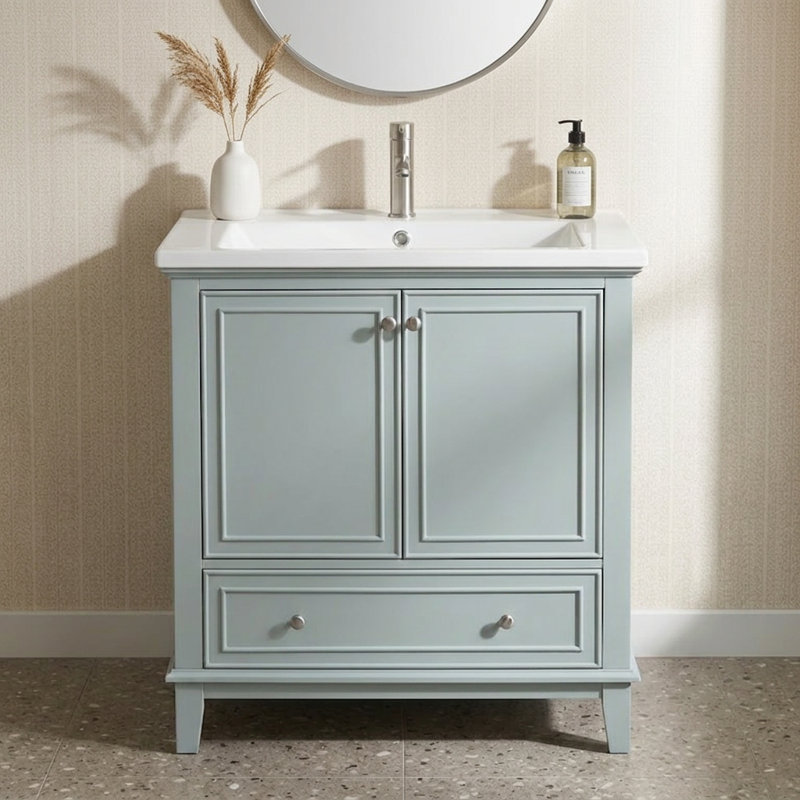 Armoire de salle de bain multifonctionnelle verte avec cadre en bois massif et portes et tiroirs