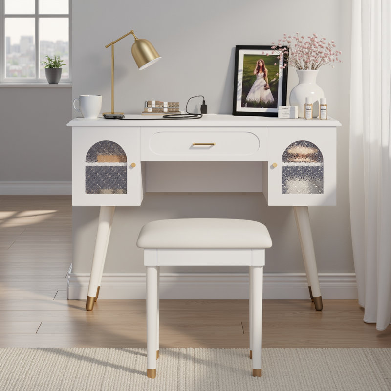 Vanity Makeup Table with Charging Port & Carved Glass, Dressing Desk Set with Stool for Bedroom, White