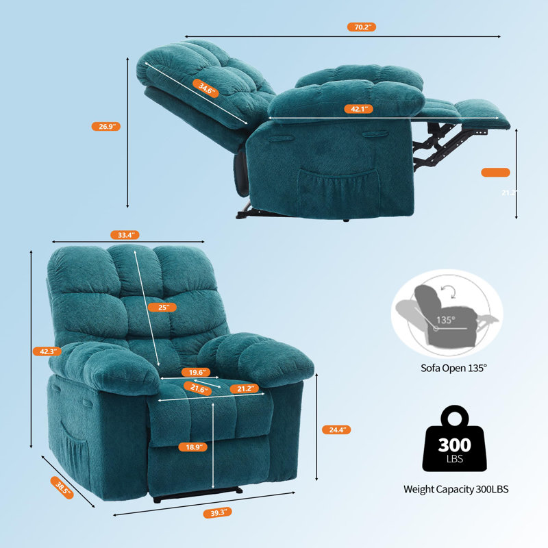 Manual Recliner Chair, Overstuffed Breathable Fabric Reclining Sofa with Side Pocket for Living Room, Blue