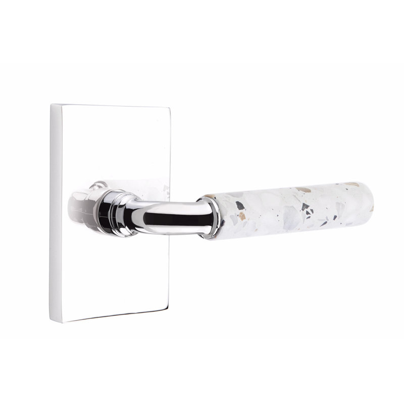 Ensemble de leviers d'intimité Emtek Select, rosette rectangulaire moderne, tige R-Bar, poignée en marbre blanc, droite