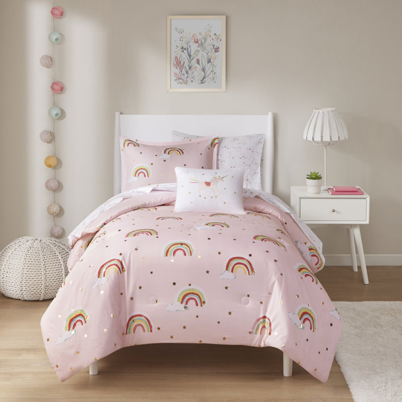 Alicia Pink Rainbow and Metallic Stars 8-Piece Full Comforter Set with Bed Sheets, Full Comforter + 7 Additional Pieces, Pink