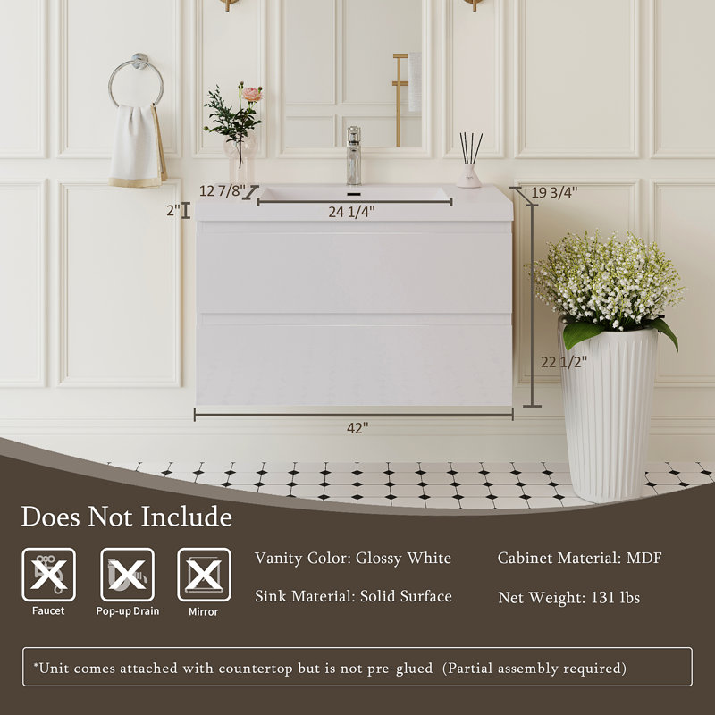 Meuble-lavabo flottant 42 po avec lavabo, Blanc lustré