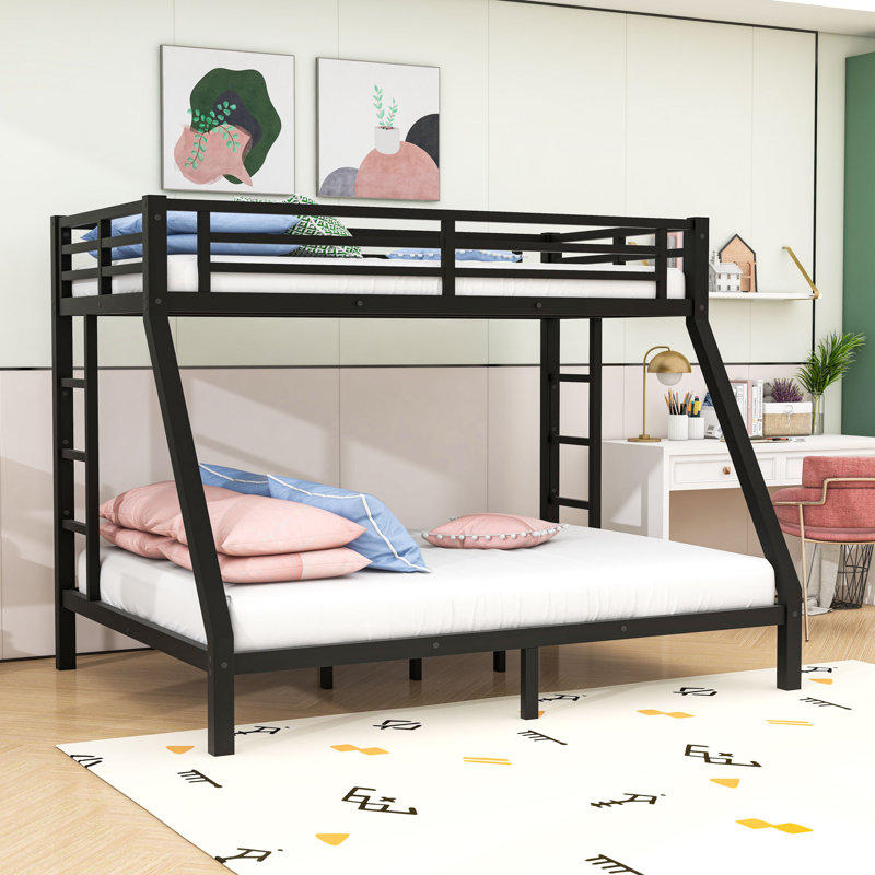 Metal Bunk Bed with Ladders and Guardrails and Slats, Twin XL Over Queen