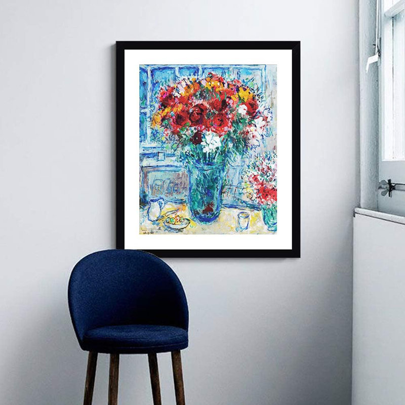 Framed canvas Estampe numérique print art flower#8 by marc chagall wall art living room home office decorations(black frame with mat,20" x24" )
