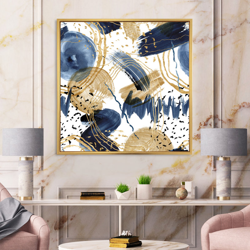 Motif abstrait avec textures bleu foncé et or - peinture sur toile à cadre flottant, Toile encadrée dorée