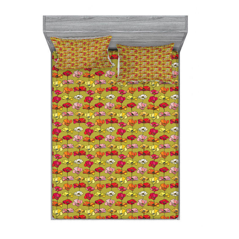 Poppy Microfiber Floral Fitted Sheet, Queen Fitted Sheet with 2 Pillowcases