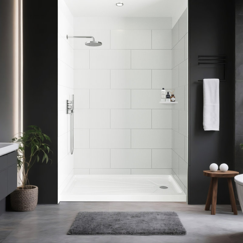 60" W x 32" D x 96" H 3-Piece Glue Up Shower Wall Panel Surround Kit in White Large Staggered Brick,Modern Statement,Textured Design,Quick Install & Trimmable,1/8" (2.8mm) Thick