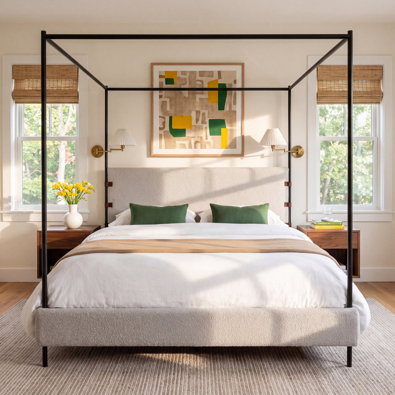 Malo Upholstered Boucle Canopy Bed, King, Knoll Natural