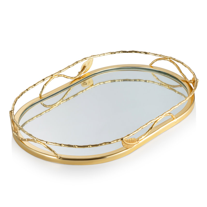Sroka Leaf Mirror Vanity Tray, Round, Silver