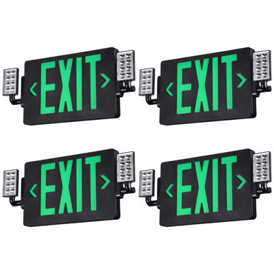 Green Letter Led Exit Sign With Battery Backup, Two Adjustable Heads Emergency Lights, Black