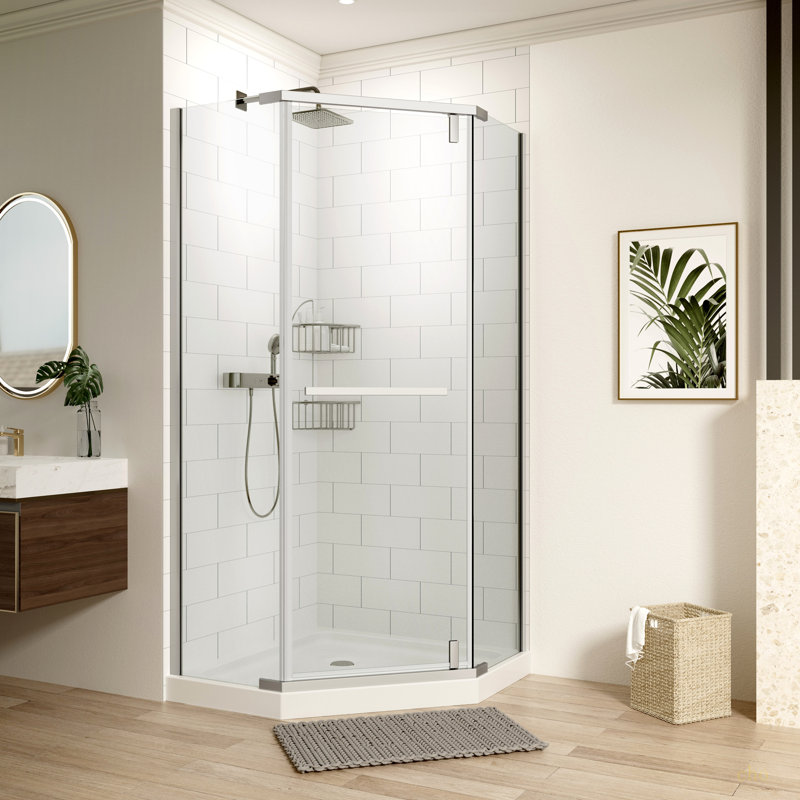 Porte de douche pivotante, avec verre trempé 1/4 po, cabine de douche néo-angle sans cadre 34,75 po x 72 po, Chrome