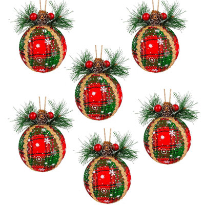 6 pièces de boules de Noël écossaises à carreaux - 3,14 pouces Buffalo tissu à carreaux boules décoratives avec pommes de pin et de verdure, arbre de Noël à carreaux suspendus boules suspendues décoration de fête