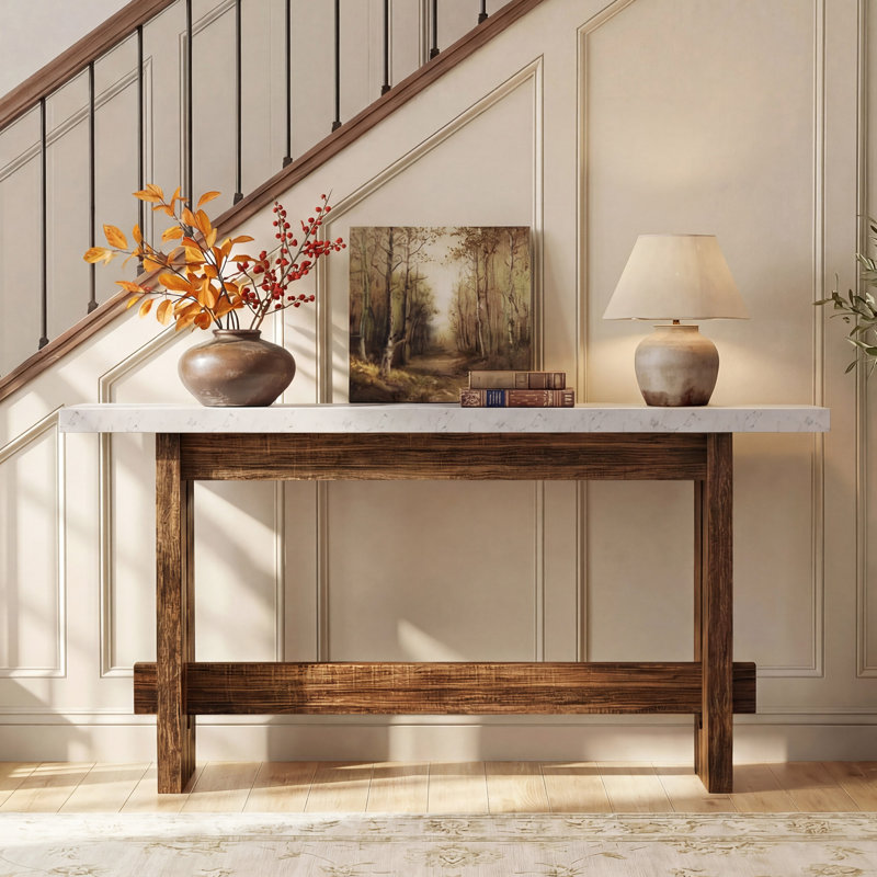 Console de 63 po en bois, table d'entrée de ferme avec plateau en faux marbre, long canapé rectangulaire derrière le canapé pour l'entrée, le couloir, le salon, l'entrée