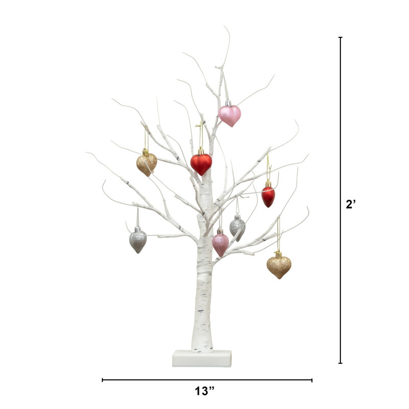 2 pi Arbre de Noël artificiel pré-éclairé avec 24 lumières à DEL blanc chaud et ornements en forme de cœur, H 24 po x l 13 po